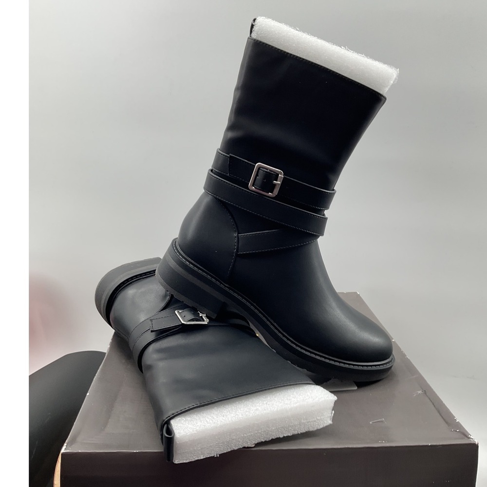 Style&co Womens Black Faux Leather Moto Boots Mid Calf Buckle Strap Lug Sole